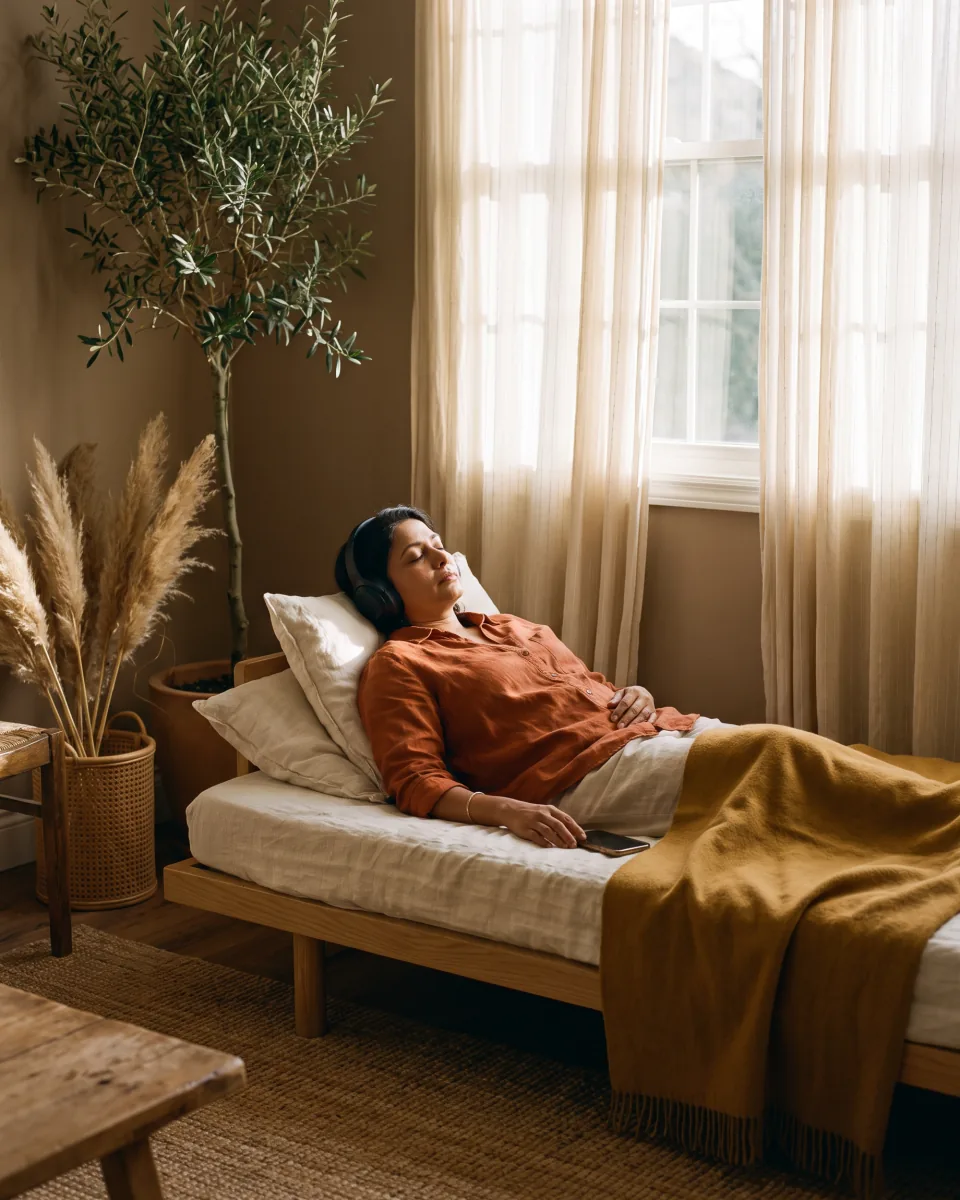 A woman reclining with headphones in a softly lit room.
